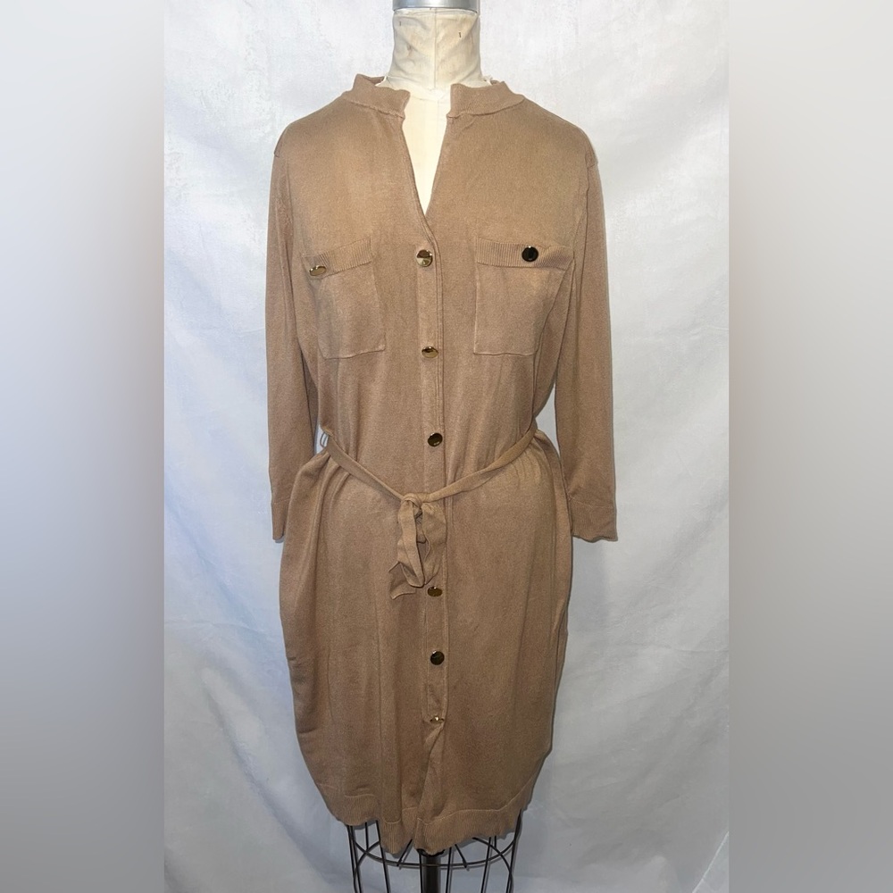 camel brown sweater dress with waist tie
